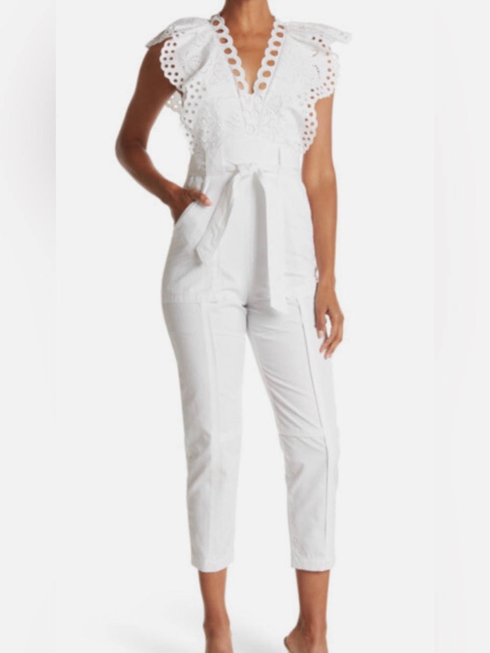 Rebecca Taylor White Eyelet Lace Flutter Sleeve Tie-Waist Jumpsuit Size 2